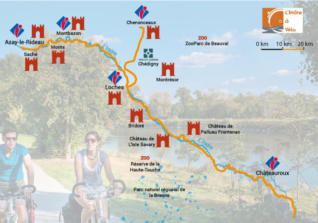 Carte de l'itinéraire de la véloroute V49 de l' Indre à Vélo ou cyclo boheme. L'itinéraire est l'un des plus beaux parcours du pays, les itinéraires cyclables vélos du territoire passent par une route près de la mairie à coté du parc à Tours, des bois situés dans la vallée de la Loire et des églises comme celle de la basilique Saint-Martin de Tours, Saint-Grégoire des minimes et Saint-Etienne. Sur le parcours de l'itinéraire cyclo boheme (itina du chamina), vous pourrez effectuer une location de vélos comme un VTT afin de faire une randonnée sur les plus belles route du pays visitant parc et jardin de Tours, en France.