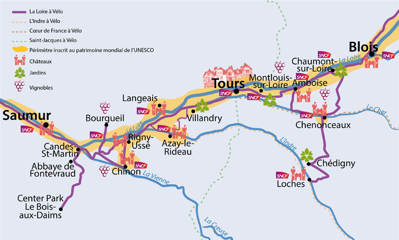 Carte de la Loire à vélo en Touraine - L'eurovelo 6 dans la vallée de la Loire, classée à l'unesco. Pers