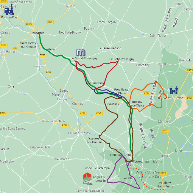 Carte de la voie verte Sud Touraine, associée à des boucles vélos.